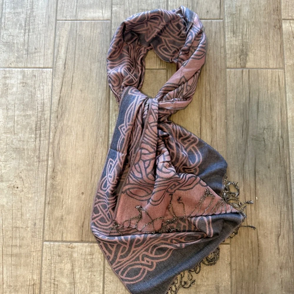Pashmina Silk Blend Celtic Knot Wrap Scarf Mauve Grey Fringed Shawl 27x68